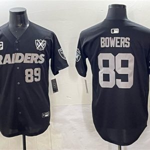 Men's Las Vegas Raiders #89 Brock Bowers Black With Nevada Silver Stat Patch And 65th Anniversary Patch 3-Star C Patch Stitched Baseball Jersey