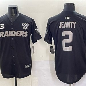 Men's Las Vegas Raiders #2 Ashton Jeanty Black With Nevada Silver Stat Patch And 65th Anniversary Patch 3-Star C Patch Stitched Baseball Jersey