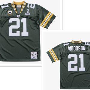 Men's Green Bay Packers #21 Charles Woodson Green With 2-star captains' patch and Super Bowl XLV patch 2010 Throwback Jersey