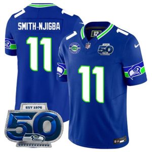 Men's Seattle Seahawks #11 Jaxon Smith-Njigba Royal 2025 F.U.S.E 50th Season Patch Throwback Jersey
