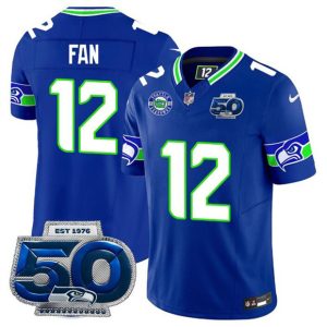Men's Seattle Seahawks #12 Fan Royal 2025 F.U.S.E 50th Season Patch Throwback Jersey