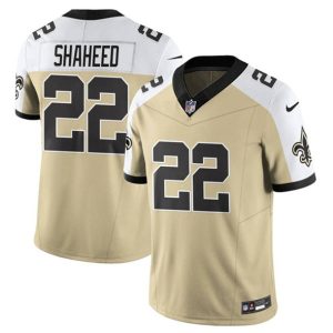 Men's New Orleans Saints #22 Rashid Shaheed Gold White Alternate 2025 F.U.S.E. Jersey